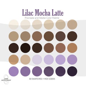 Puede incluir: Una paleta de colores digital llamada "Lilac Mocha Latte" con 30 muestras circulares. La paleta incluye tonos de beige, marrón y morado. El texto en la imagen dice "Procreate and Adobe Color Palette" y "30 Swatches + Hex Codes."