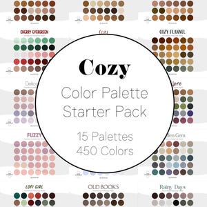 Pode incluir: Uma coleção de 15 paletas de cores, cada uma com 30 amostras, totalizando 450 cores. As paletas são dispostas em uma grade e incluem nomes como "Brown Sugar Oat Latte" e "Cozy Flannel". A palavra "Cozy" é exibida em destaque.