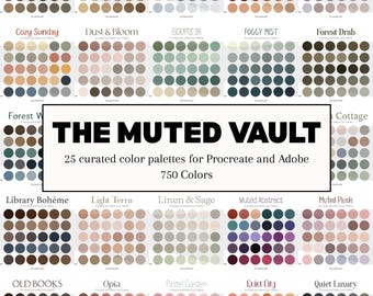 Bóveda de paletas de colores neutros apagados, terrosos, suaves y elegantes / 25 paletas de colores estéticos / Colección de paletas digitales seleccionadas para artistas