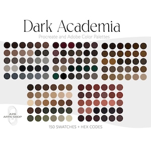 Puede incluir: Una paleta de colores de arte digital titulada "Dark Academia" con 150 muestras y códigos hexadecimales. La paleta presenta varios tonos de marrón, gris, verde y rojo dispuestos en un patrón de cuadrícula. El logotipo de AZB Arts Shop está en la esquina inferior izquierda.