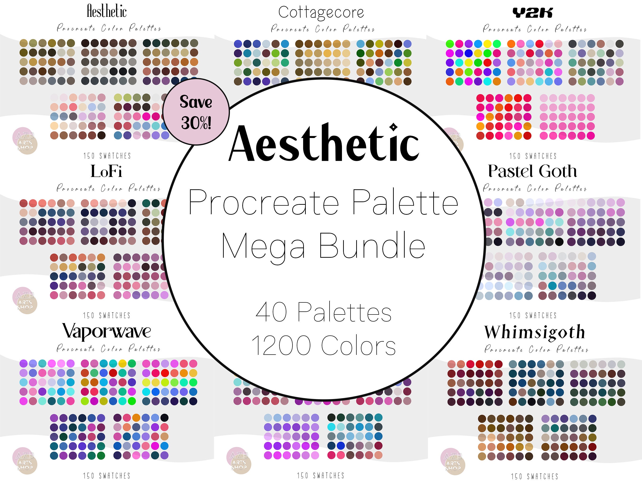 Aesthetic Procreate Color Palette Mega Bundle – 40 Swatch Sets, 1200 Colors + Bonus Coloring Pages