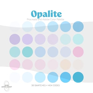 May include: A digital colour palette named "Opalite" with 30 swatches and hex codes. The palette showcases a range of pastel colours, including light blues, pinks, and lavenders, arranged in a grid pattern. The text "AZB ARTS SHOP" is in the bottom left corner.