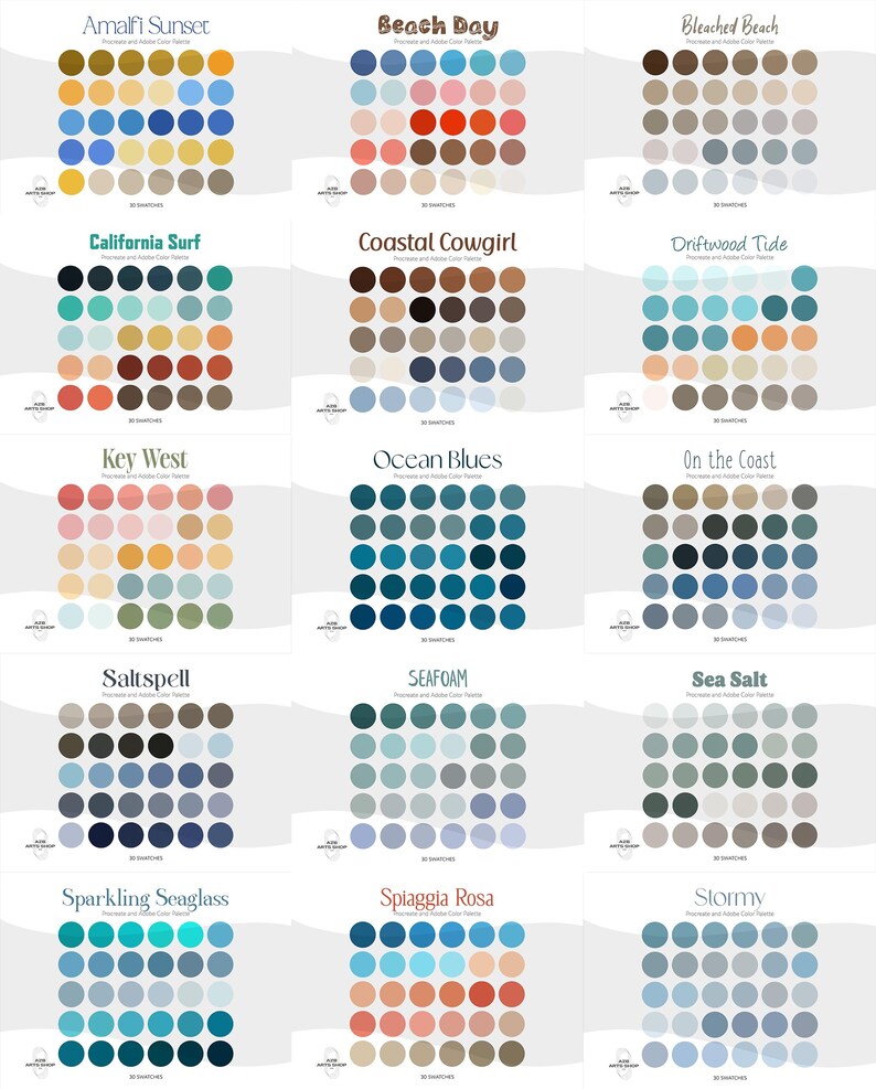 Coastal Beach Boho Ocean Aesthetic Color Palettes for Procreate + Adobe ...
