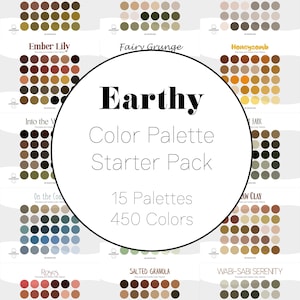 Pode incluir: Gráfico "Earthy Color Palette Starter Pack" com 15 paletas de cores, cada uma com 30 amostras, totalizando 450 cores. As paletas são nomeadas "Alocasia Cuprea", "Botany", "Dust & Bloom", "Ember Lily", "Fairy Grunge", "Honeycomb", "Into the W", "On the Coa", "Bark", "Raw Clay", "Roses", "Salted Granola" e "Wabi-Sabi Serenity".