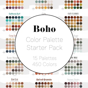 Könnte beinhalten: Darstellung von 15 Boho-Farbpaletten, jede mit 30 Farbfeldern, also insgesamt 450 Farben. Die Paletten sind in einem Raster angeordnet, mit Namen wie "Beachy Keen" und "California Surf". Der zentrale Text lautet "Boho Color Palette Starter Pack."