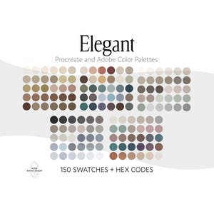 Può includere: Immagine con la parola "Elegant" e il testo "Procreate and Adobe Color Palettes". L'immagine mostra una collezione di campioni di colore in varie tonalità di marrone, verde, blu e rosa. È presente anche il testo "150 Swatches + HEX Codes".