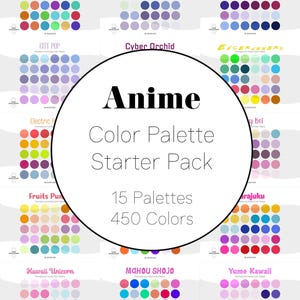 Pode incluir: Uma coleção de 15 paletas de cores de anime, cada uma com 30 amostras de cores. As paletas estão dispostas em uma grade, com nomes como "Akiba" e "Astral Tide". O texto central diz "Anime Color Palette Starter Pack".