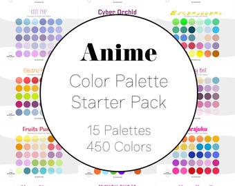 Paletas de colores de anime, manga y ciberestéticas para Procreate y Adobe: paquete de inicio con archivos ASE, códigos hexadecimales, muestras y páginas para colorear