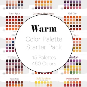 Pode incluir: Um pacote inicial de paleta de cores com 15 paletas e 450 cores. Cada paleta exibe 30 amostras de cores em uma grade. As paletas são rotuladas com nomes como "Amour", "Beachy Keen" e "Book of Spells". O texto central diz "Warm Color Palette Starter Pack".