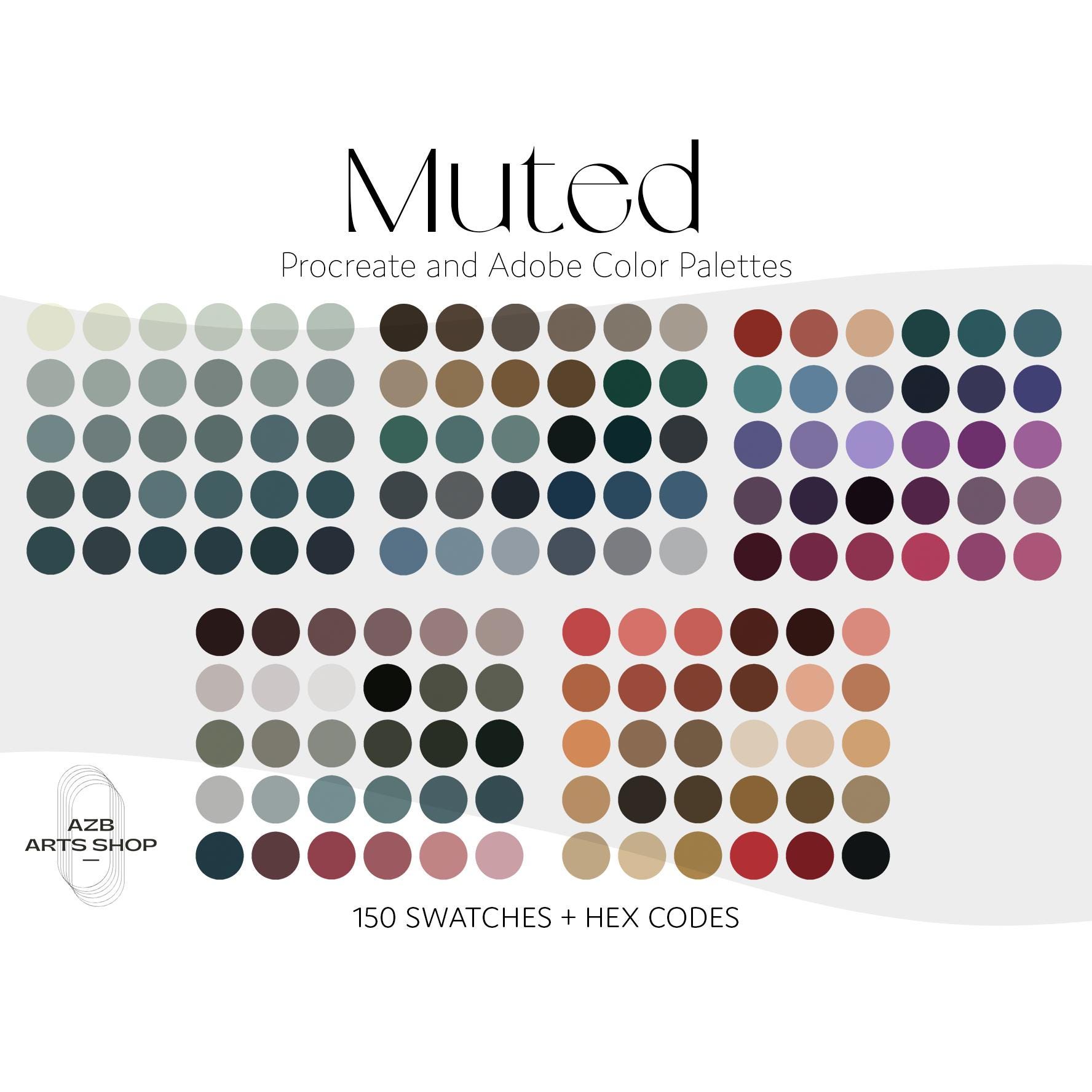 Bundle de paletas de colores apagados, suaves, neutros y terrosos para Procreate y Adobe | 150 muestras desaturadas + archivos ASE + códigos hex