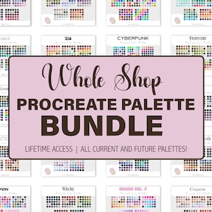 May include: A collection of Procreate color palette bundles. The central image features a pink banner with the words "Whole Shop PROCREATE PALETTE BUNDLE" in brown and black text. Surrounding the banner are various color palette cards, each with a unique color scheme and the text "ICE SWATCHES".