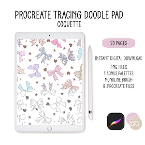 Coquette Procreate Doodle Pad - 20 Designs, Relaxing Patterns to Trace & Color, Positive Digital Art Tracing Kit, PNG Files Palettes Brushes