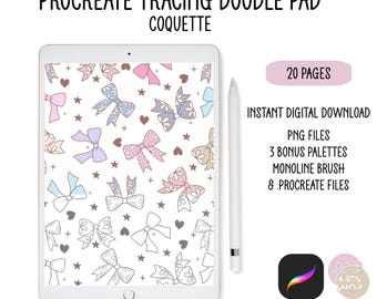 Coquette Procreate Doodle Pad - 20 Designs, Relaxing Patterns to Trace & Color, Positive Digital Art Tracing Kit, PNG Files Palettes Brushes