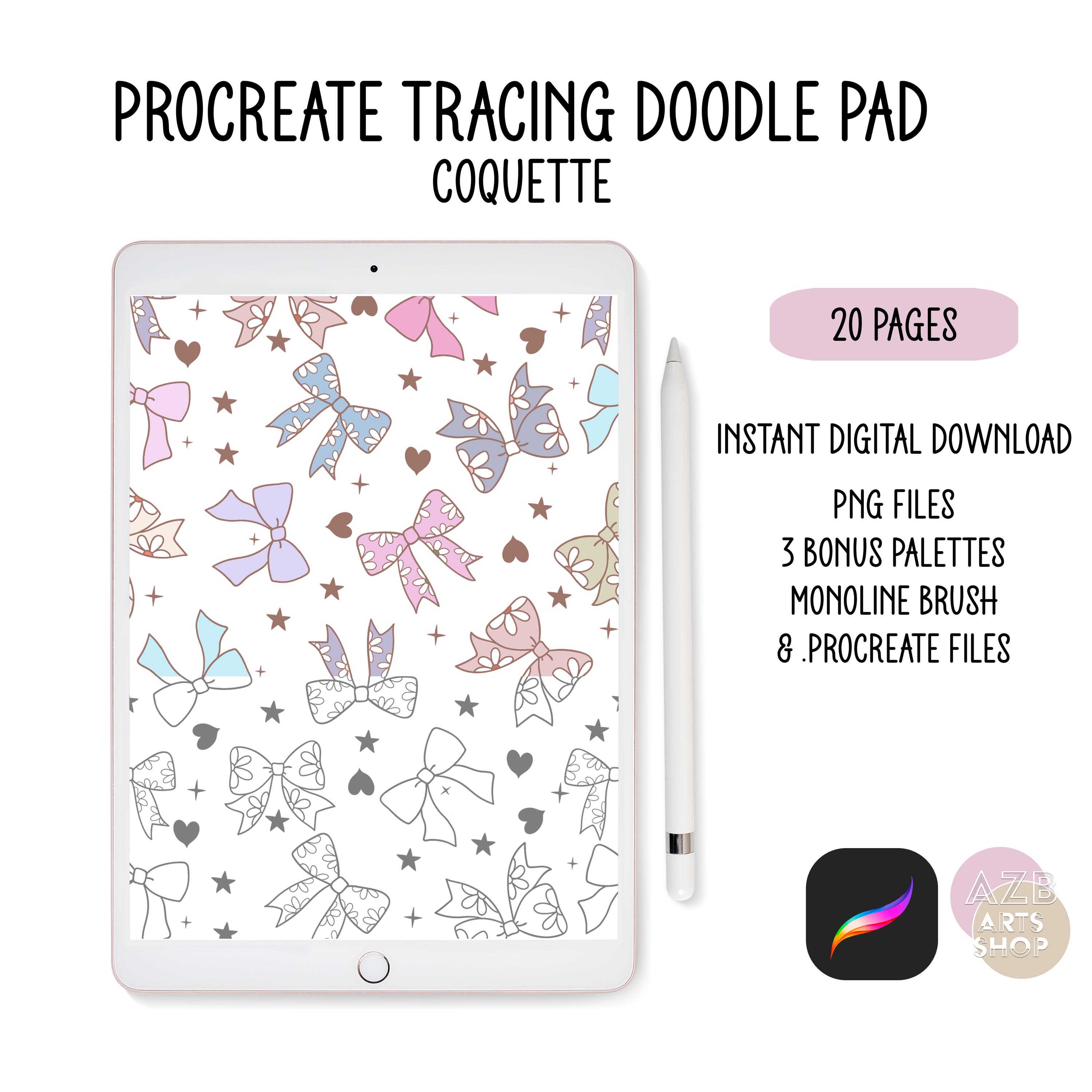 Bloc de doodle y kit de calco Coquette para Procreate – 20 diseños + PNG, paletas y pincel