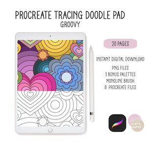 Groovy Procreate Doodle Pad - 20 Designs, Relaxing Patterns to Trace & Color, Positive Digital Art Tracing Kit, PNG Files, Palettes, Brush