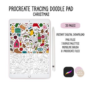 May include: A white tablet displays a Christmas-themed doodle pad with colorful illustrations and the text "PROCREATE TRACING DOODLE PAD CHRISTMAS." Includes a stylus, the Procreate app icon, and text indicating 20 pages, instant download, and bonus features.