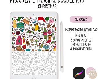 Christmas Procreate Doodle Pad - 20 Designs, Relaxing Patterns to Trace & Color, Positive Digital Art Tracing Kit, PNG Files, Palettes Brush