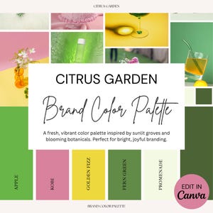 Citrus Garden | Brand Color Palette with HEX, RGB, CMYK | Canva Template for Small Business | Bright Summer Fun Retro Aesthetic Branding Kit