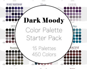 Paquete de inicio de estética oscura y melancólica: 15 paletas de colores para Procreate y Adobe, muestras digitales, códigos hexadecimales, páginas para colorear y paquete de paletas de otoño.