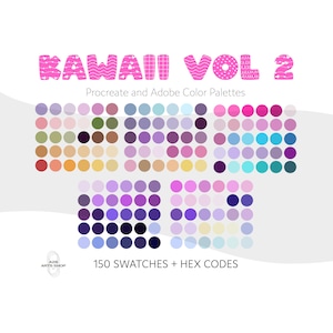 Paquete Kawaii Cute Procreate + Adobe Color Palette: muestras, paletas de colores, archivos Adobe ASE, códigos hexadecimales y descarga digital para artistas.