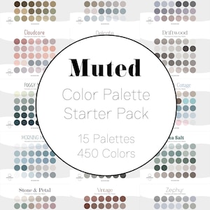Pode incluir: Uma coleção de 15 paletas de cores suaves, cada uma com 30 amostras, totalizando 450 cores. A imagem inclui paletas chamadas Archival, Bleached Beach, Clay Blossom, Cloudcore, Delicate, Driftwood, Foggy, Morning, Stone & Petal, Sea Salt, Vintage e Zephyr.