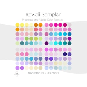 May include: A color palette titled "Kawaii Sampler" with 120 swatches and hex codes. The palette features a grid of colorful circles in shades of yellow, orange, pink, purple, blue, and green. Text includes "Procreate and Adobe Color Palettes."