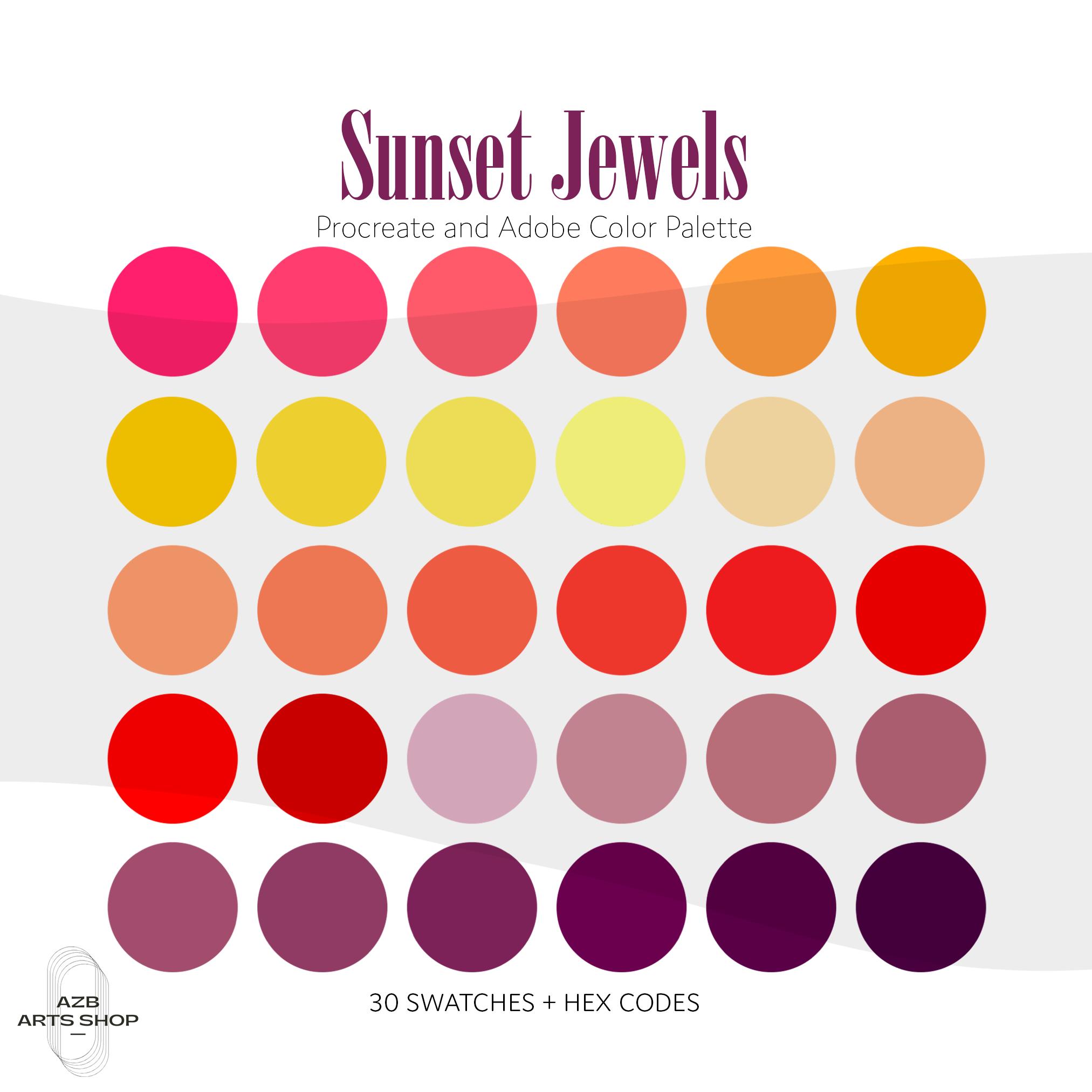 Paleta de cores Sunset Jewels Red para Procreate e Adobe | 30 amostras, arquivos ASE + códigos hex
