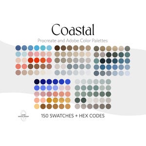 May include: A digital art graphic with the word "Coastal" in a stylish font. Below the word are color palettes with 150 swatches and hex codes. The color palettes include shades of blue, brown, pink, and green.