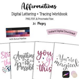 Affirmations Procreate Lettering Arbeitsbuch - Kalligraphie-Übungsblätter, Brush Lettering PNG-Dateien, Procreate-Datei, digitale Pinsel
