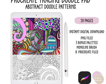 Abstract Pattern Zentangle Procreate Doodle Pad - 20 Designs, Relaxing Patterns to Trace & Color, Positive Digital Art Tracing Kit PNG Files