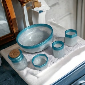 Set of Icy White and teal blue bowls and jars! Perfect gift set or treat for yourself! Great for bathrooms, kitchens and dining rooms.