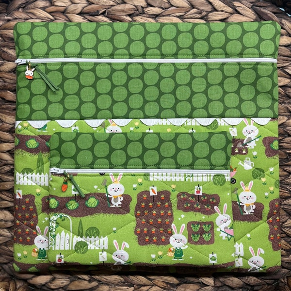 Busy Bunnies Project Bag>PLUS FREE GIFT>Quilted>Bunny Carrot Zipper Pull>Full Fabric or Vinyl>Spring>Cross Stitch>Easter>Colorful>Thread Bed