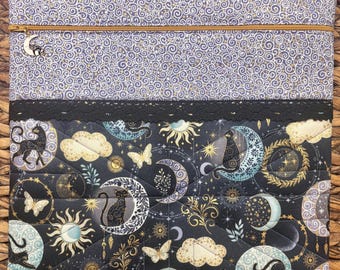 Celestial Purrfection Project Bag>Quilted>Cat Moon Zipper Pull>Full Fabric >Cross Stitch>Patchwork>Whimsical>Fairytale>Summer>Spring>Sun