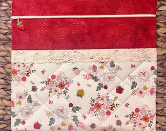 Strawberry Lace Project Bag>Quilted> Strawberry Zipper Pull>Full Fabric >Cross Stitch>Patchwork>Spring>Summer>Bloomberry >Bird>Flower