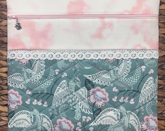 Blossomfire Dragon Project Bag>Quilted>Dragon Zipper Pull>Full Fabric >Cross Stitch>Patchwork>Whimsical>Fairytale>Summer>Spring