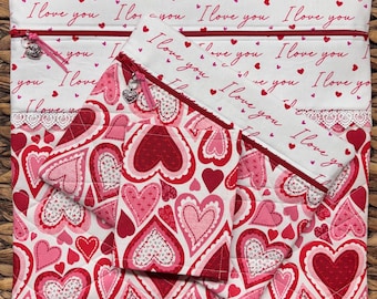 Sew in Love Project Bag>Quilted>Heart Zipper Pull>Full Fabric >Cross Stitch>Valentines>Hearts>Cupid>Love>Soul Mate>Crafting>Sewing> Needle