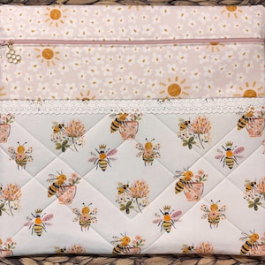 Sweet as Honey Project Bag>Quilted>Honeycomb Zipper Pull>Full Fabric>Spring>Cross Stitch>Flower >Flower>Garden >Hive>Summer>Sunshine