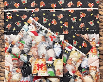 Purrin’ Around the Christmas Tree Project Bag>Quilted>Black Kitty Zipper Pull>Full Fabric>Snow>Cross Stitch>Holiday>Cat>Winter>Snow>Gift