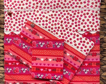 Sweet Stripes Project Bag>Quilted>Heart Zipper Pull>Full Fabric>Love>Cross Stitch>Valentines >Colorful>Flowers> Hearts >Pink> Roses