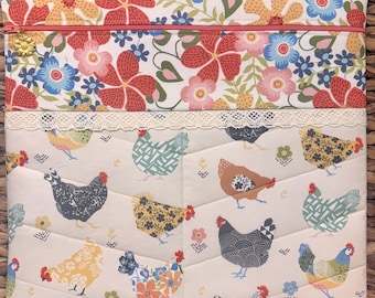 Motley Chickens Project Bag>Quilted>Flower Zipper Pull>Full Fabric> Hen>Eggs>Cross Stitch>Knitting>Sewing>Farm>Daisy>Cute