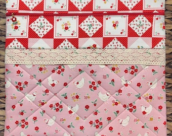 Strawberry Henhouse Project Bag>Quilted> Poppy Zipper Pull>Full Fabric >Cross Stitch>Patchwork>Spring>Summer>Chicken>Bird>Cottage>Farm>Cow