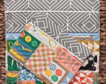 Sewing Bits Project Bag>Quilted>Sewing Zipper Pull>Full Fabric>Winter>Cross Stitch>Hobby >Needle>Scissors >Notions> Garden >Craft