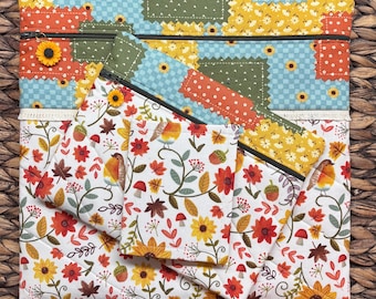 Sunny Acorn Lane Project Bag>Quilted>Sunflower Zipper Pull>Full Fabric>squirrel >Cross Stitch>Patchwork>Autumn>Fall>Summer