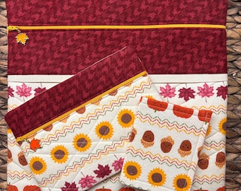 Happy Autumn Project Bag>Quilted>Maple Leaf Zipper Pull>Full Fabric or Vinyl>Sun Flower>Cross Stitch>Acorn>Fall>Pumpkin>Flannel