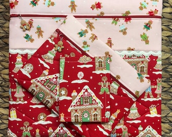 Cookie Cutter Cottage Project Bag>Quilted>Gingerbread Man Zipper Pull>Full Fabric>Snow>Cross Stitch>Holiday>Cookie>Fall>Christmas>Winter
