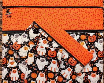 Meow-or-Treat Project Bag>Quilted>Halloween Zipper Pull>Full Fabric or Vinyl>Autumn>Cross Stitch>Ghosts>Cat>Fall>Pumpkin>Jack-o-Lantern