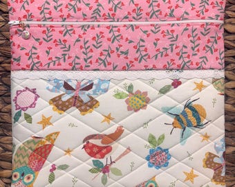 Bloom & Flutter Project Bag>Quilted> Painted Pearl Zipper Pull>Full Fabric >Cross Stitch>Patchwork>Spring>Summer>Honeybee>Bird>Butterfly