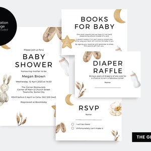 The Glowing Baby Shower Complete Editable Invitation Set, Invite, RSVP, Diaper Raffle, Books for baby cards, Minimal Baby Shower Templates