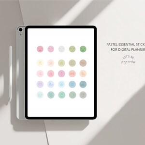 May include: A digital planner screen displaying pastel colored stickers with various icons and text. The text reads "Pastel Essential Stickers for Digital Planner" and "Let's Be Paperless".