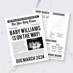 Newspaper pregnancy announcement template, New Baby News, Baby shower games editable Newspaper template image 2